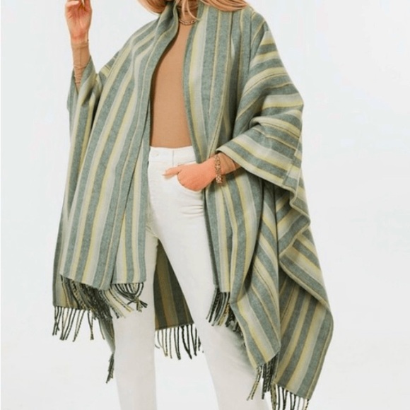 Jonathan Simkhai Sweaters - Jonathan Simkhai Striped Poncho in Green and Cream